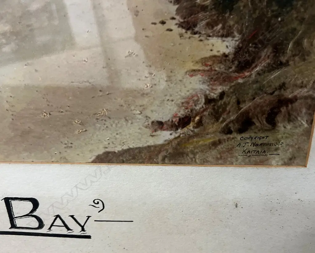 SIGNED  HANDCOLORED PHOTO OF AHIPARA BAY . by Arthur James Northwood (1880--1949) far north photographer. H.390 W.485mm Image 1++
