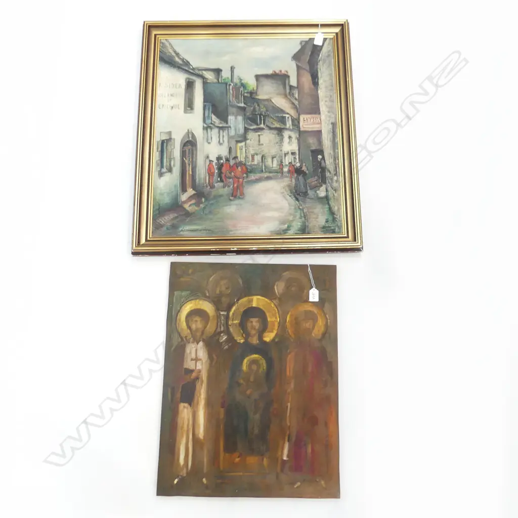 2 OLD PAINTINGS, 1 RELIGIOUS ON BOARD (460 X 610mm) + FRENCH STREET SCENE, ON CANVAS,, SIGNED (530 X 635mm) Image 1++