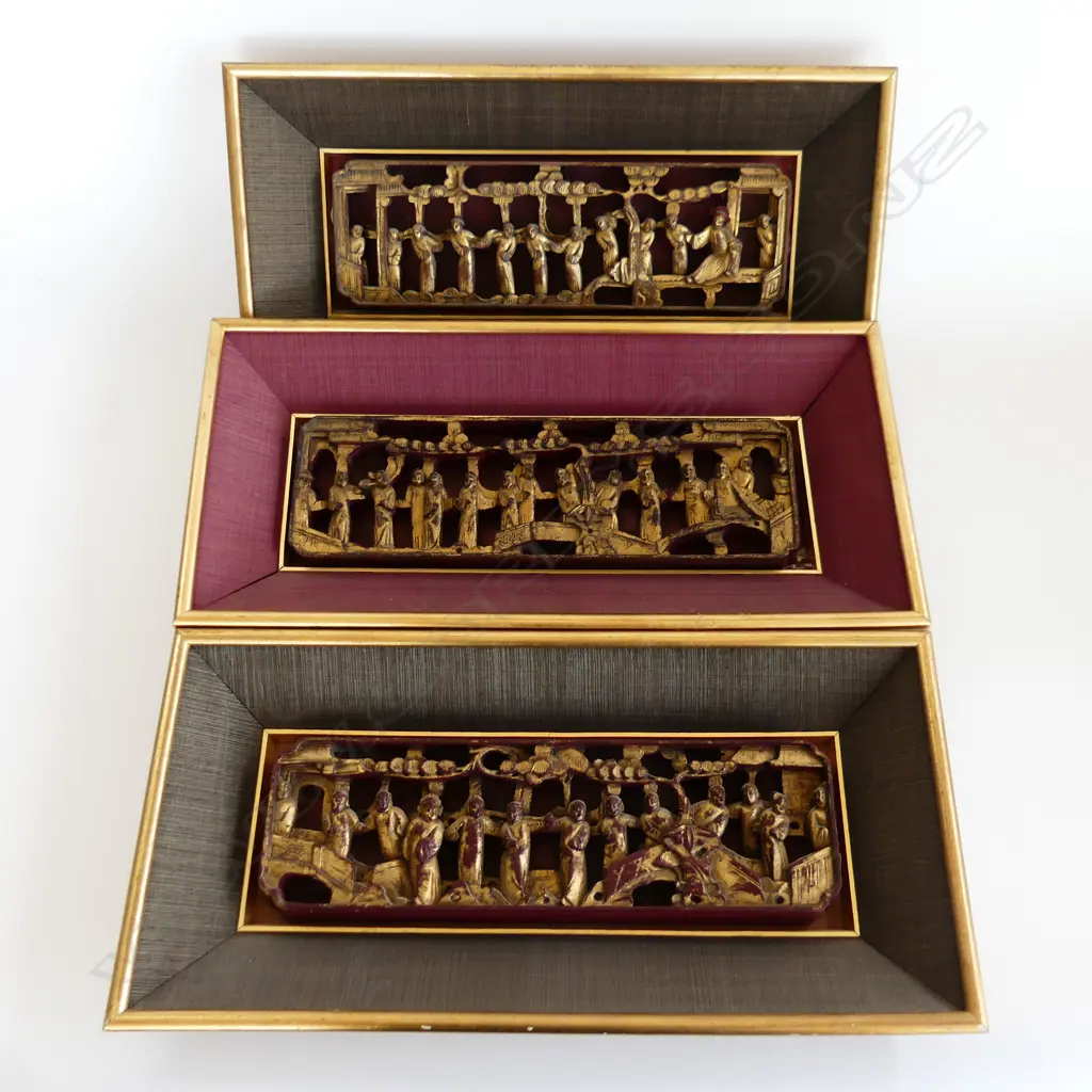 **RTV** 3 VINTAGE CARVED WOODEN ORIENTAL GILT PANELS, FRAMED 120x350mm (235x470mm overall) Image 1++