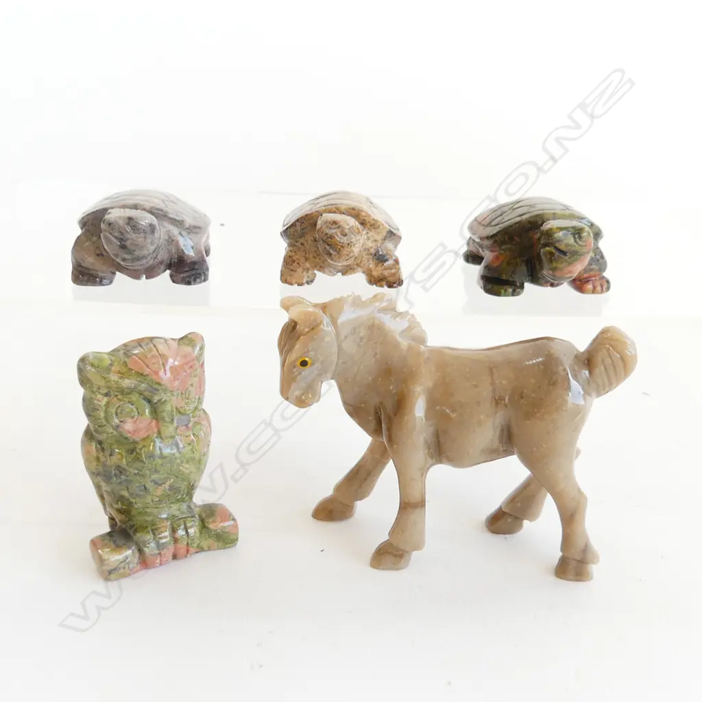5 ASSORTED GEMSTONE CARVED ANIMALS, HORSE, TURTLES & OWL  Image 1++