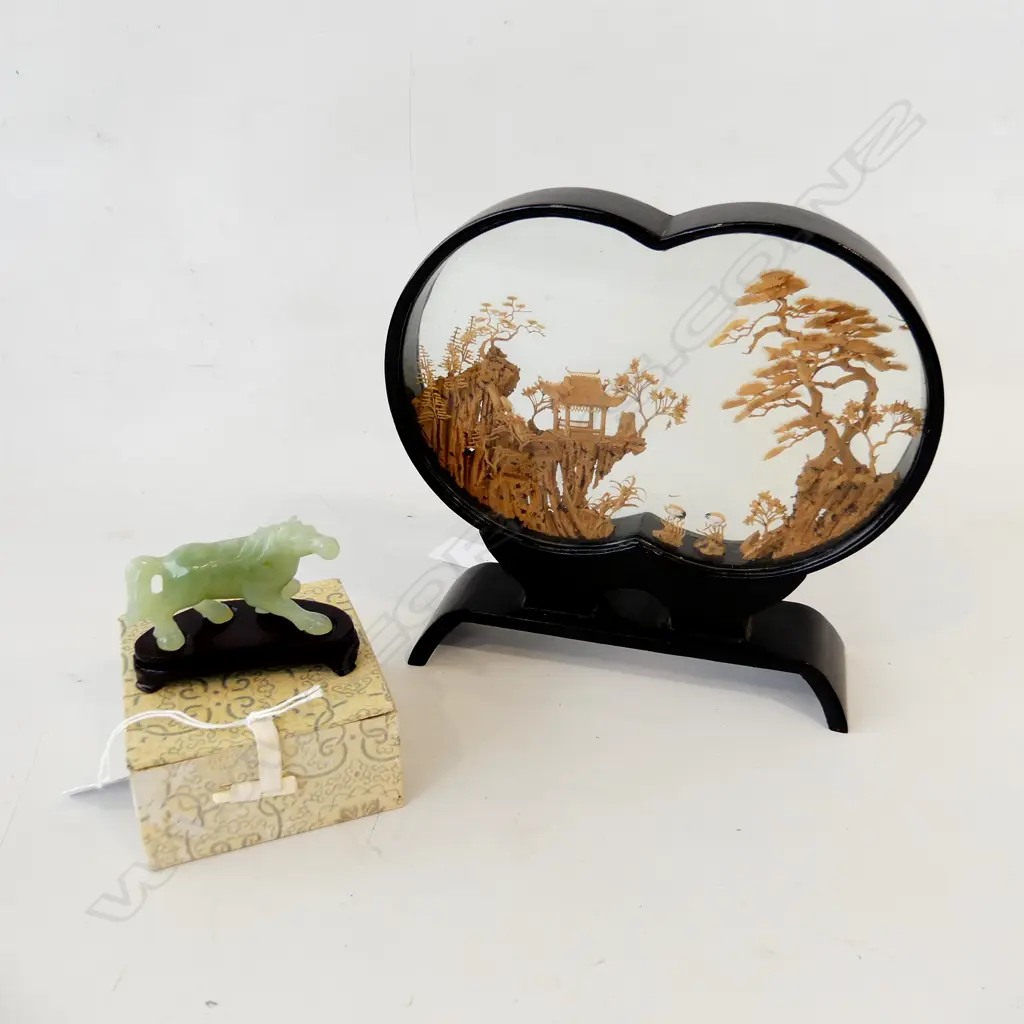 ORIENTAL CORK PICTURE (200 X 190mm) & ORIENTAL JADE HORSE WITH WOODEN STAND, IN BOX (L 80 Xmm) Image 1++