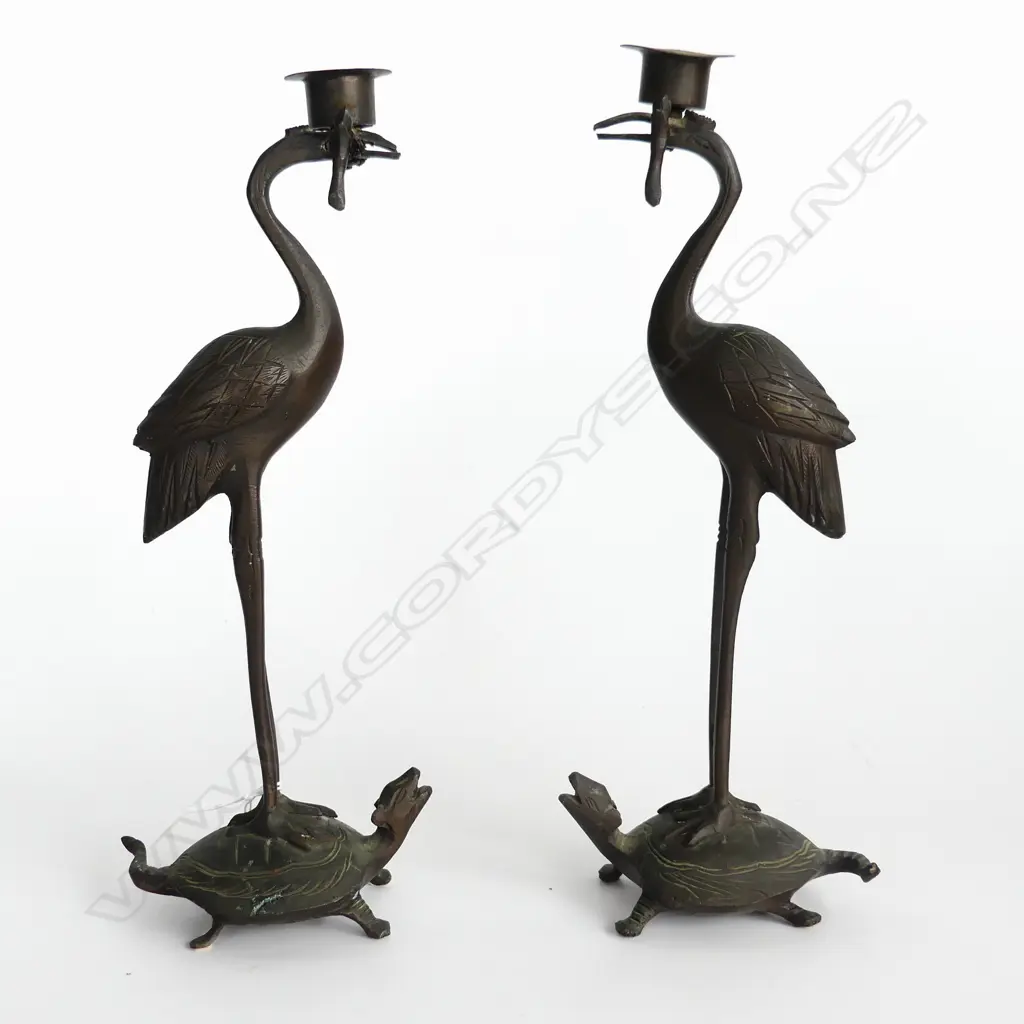 PR VINTAGE BRONZE CANDLE HOLDERS, CRANES ON TURTLES H. 280mm Image 1++