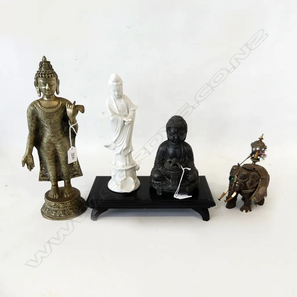 3 ASST. ORIENTAL FIGURES; BRASS BUDDHA H.325mm, WOODEN ELEPHANT, STAND 265x130mm Image 1++