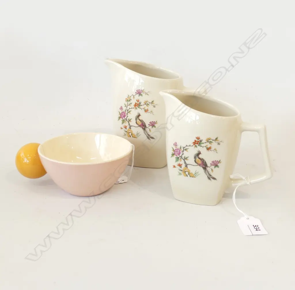 DOROTHY THORPE FOR CROWN LYNN 'SANTA BARBARA' CUP (FAULTED) + 2 TITIAN MILK JUGS H.130mm Image 1++
