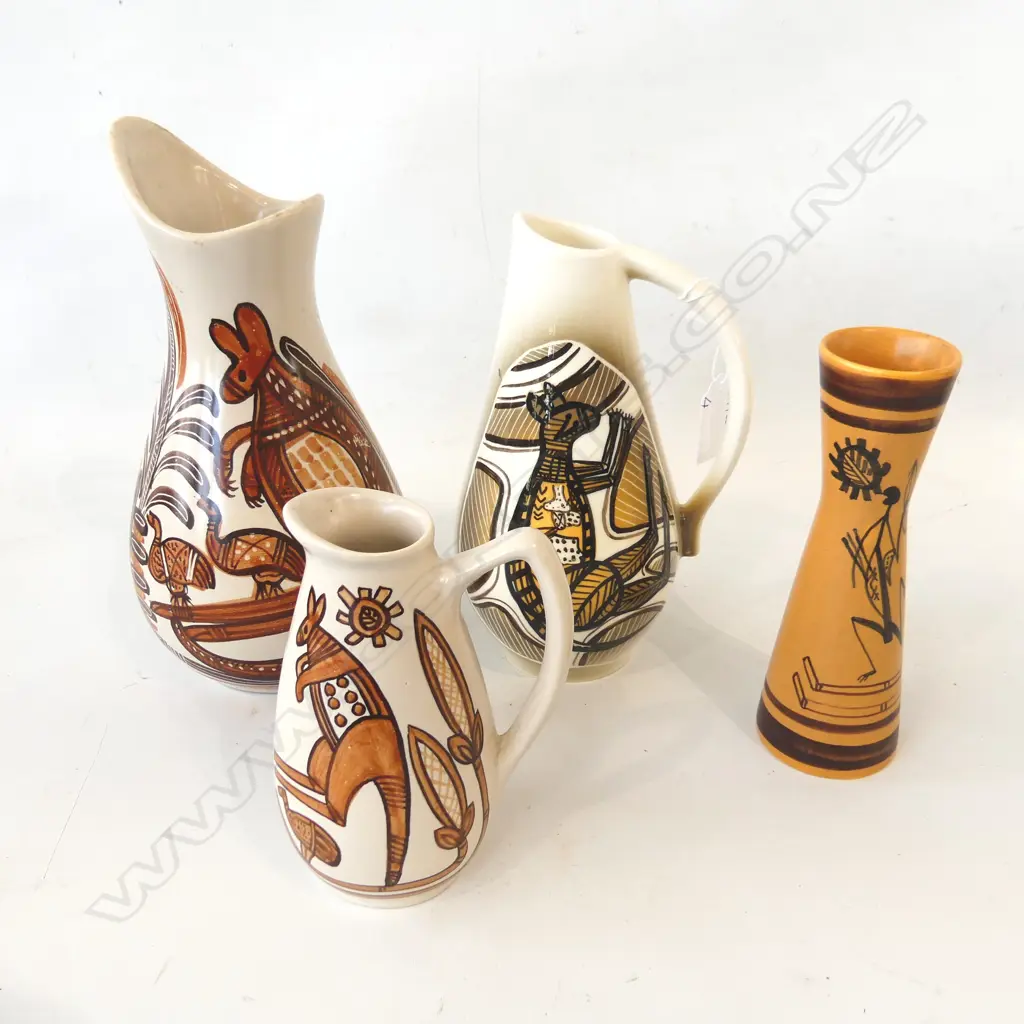 STUDIO ANNA  AUSTRALIANA HAND PAINTED POTTERY; 2 VASES (H. 235M 160mm) & 2 JUGS (H. 200, 135mm) Image 1++