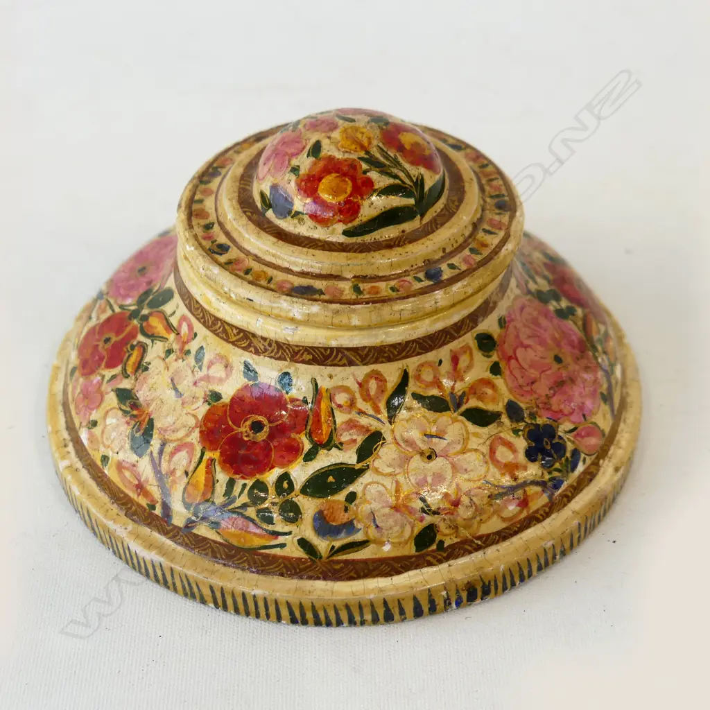 ANTIQUE FRENCH DECOUPAGE INK WELL WITH STONEWARE INSERT dia 100mm Image 1++
