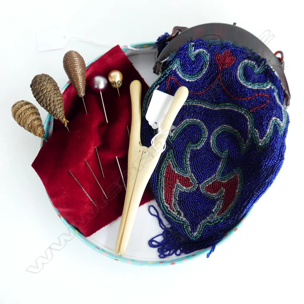 ANTIQUE BLUE BEADED BAG, VINTAGE GLOVE STRETCHERS, AND 5 HAT PINS Image 1++