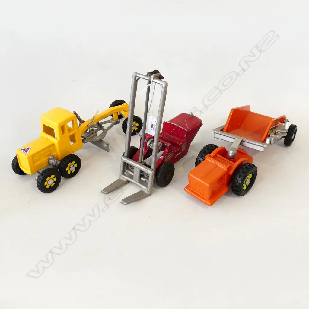 3 FUN HO TOYS; EUCLID SCRAPER TRUCK, FORKLIFT + YELLOW GRADER L.270mm Image 1++