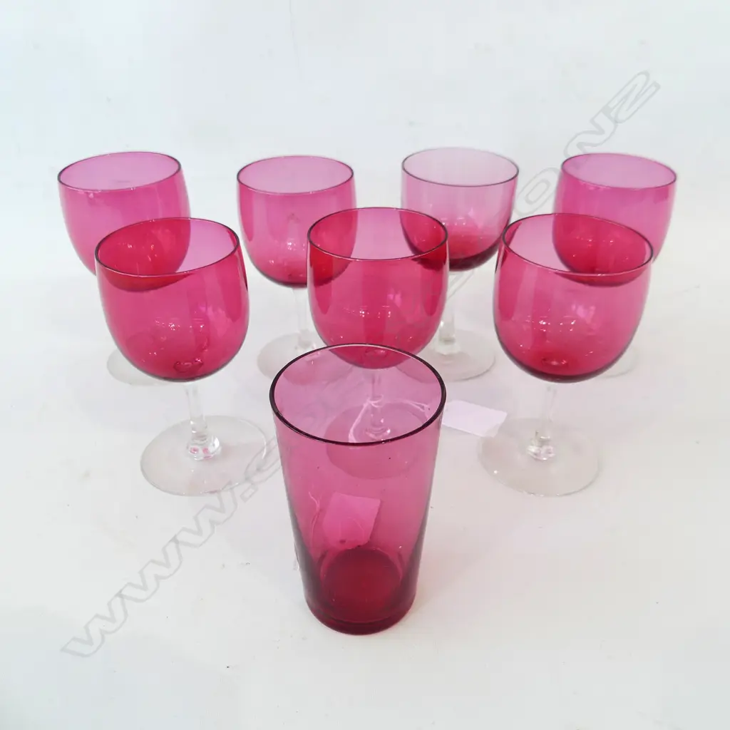 EIGHT RUBY GLASS GLASSES. SEVEN STEMMED AND ONE BEAKER. Image 1++