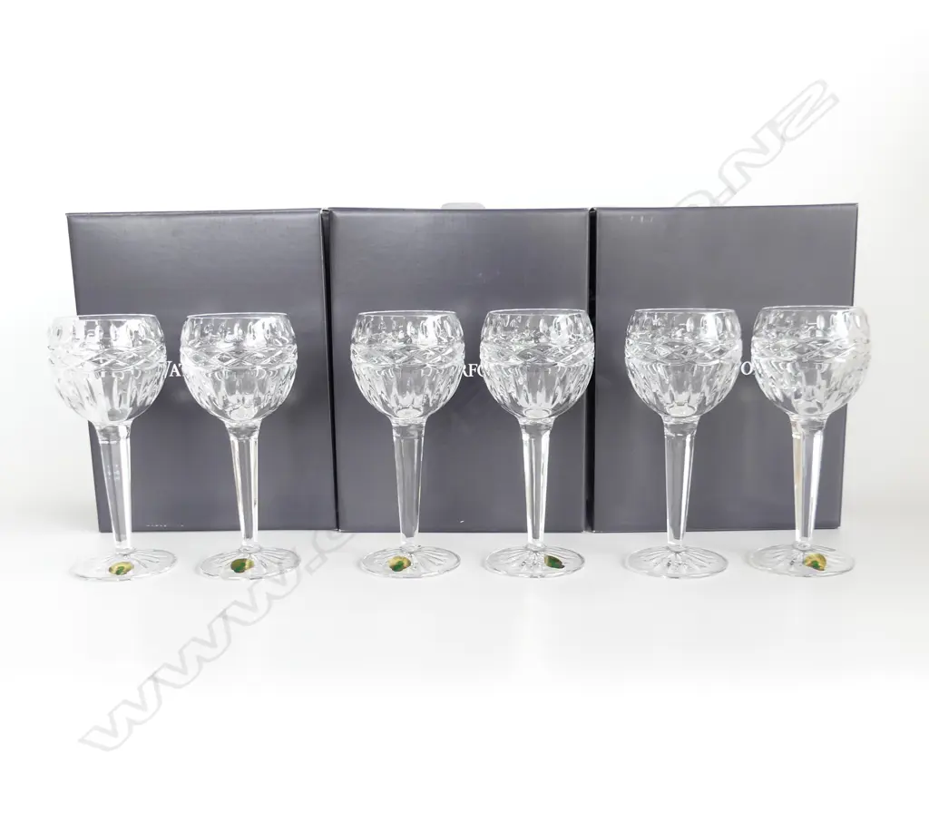 SET 6 WATERFORD CRYSTAL WINE GLASSES 'KELLS HOCK WINE' notched & entwined knot facetted stem. Boxed as new  Image 1++