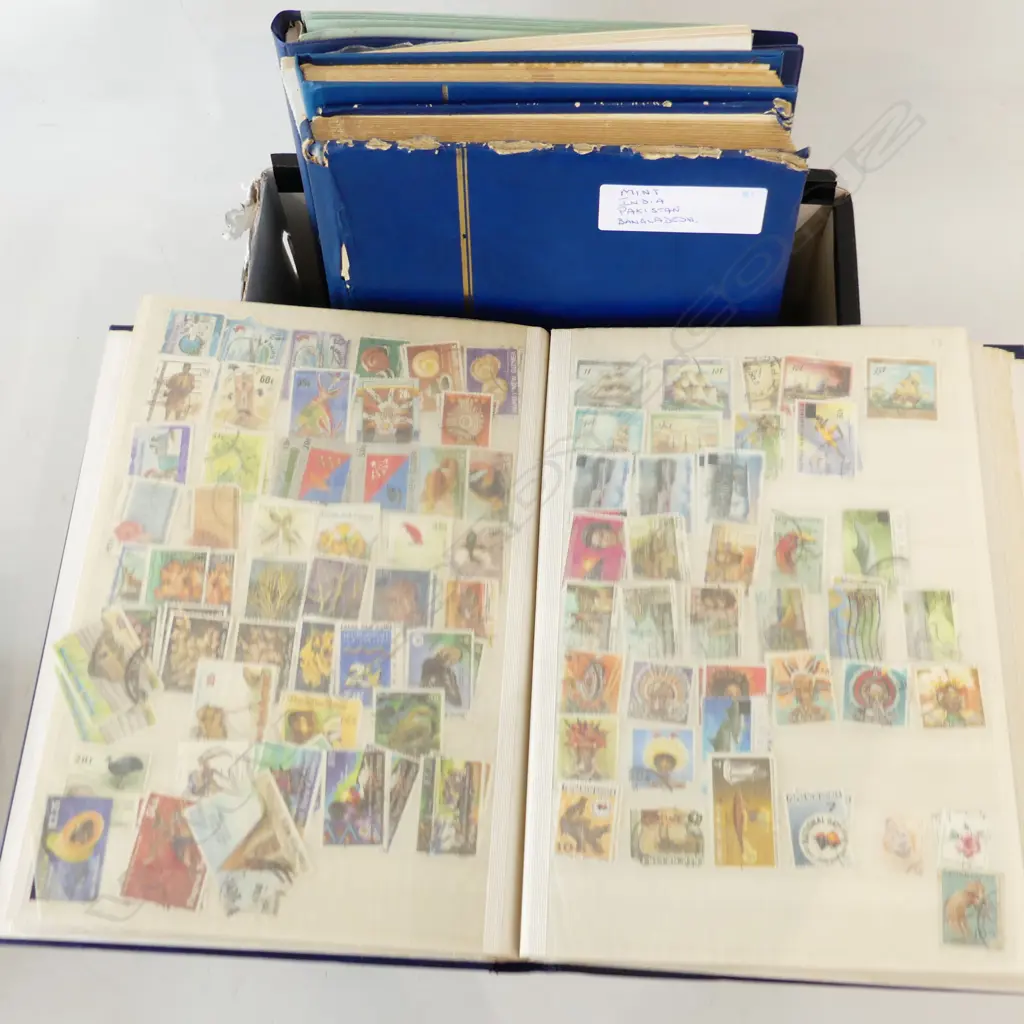 BOX ASST STAMP ALBUMS; PASIFIKA, MINT INDIA, PAKISTAN, MINT PI,  NORWAY, & MIXED Image 1++