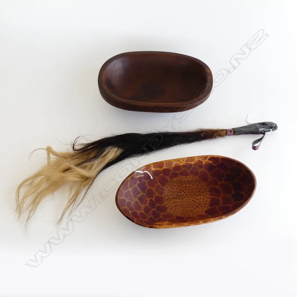2 CARVED WOODEN AFRICAN BOWL (300X150 & 295X190mm) + AFRICAN FLY WHISK  Image 1++