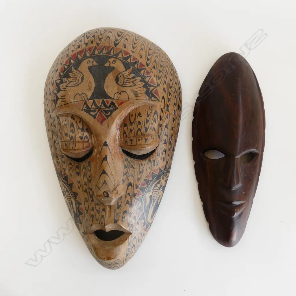 2 CARVED WOODEN AFRICAN TRIBAL MASKS, 1 SM (L. 168mm) & LG (340mm) Image 1++