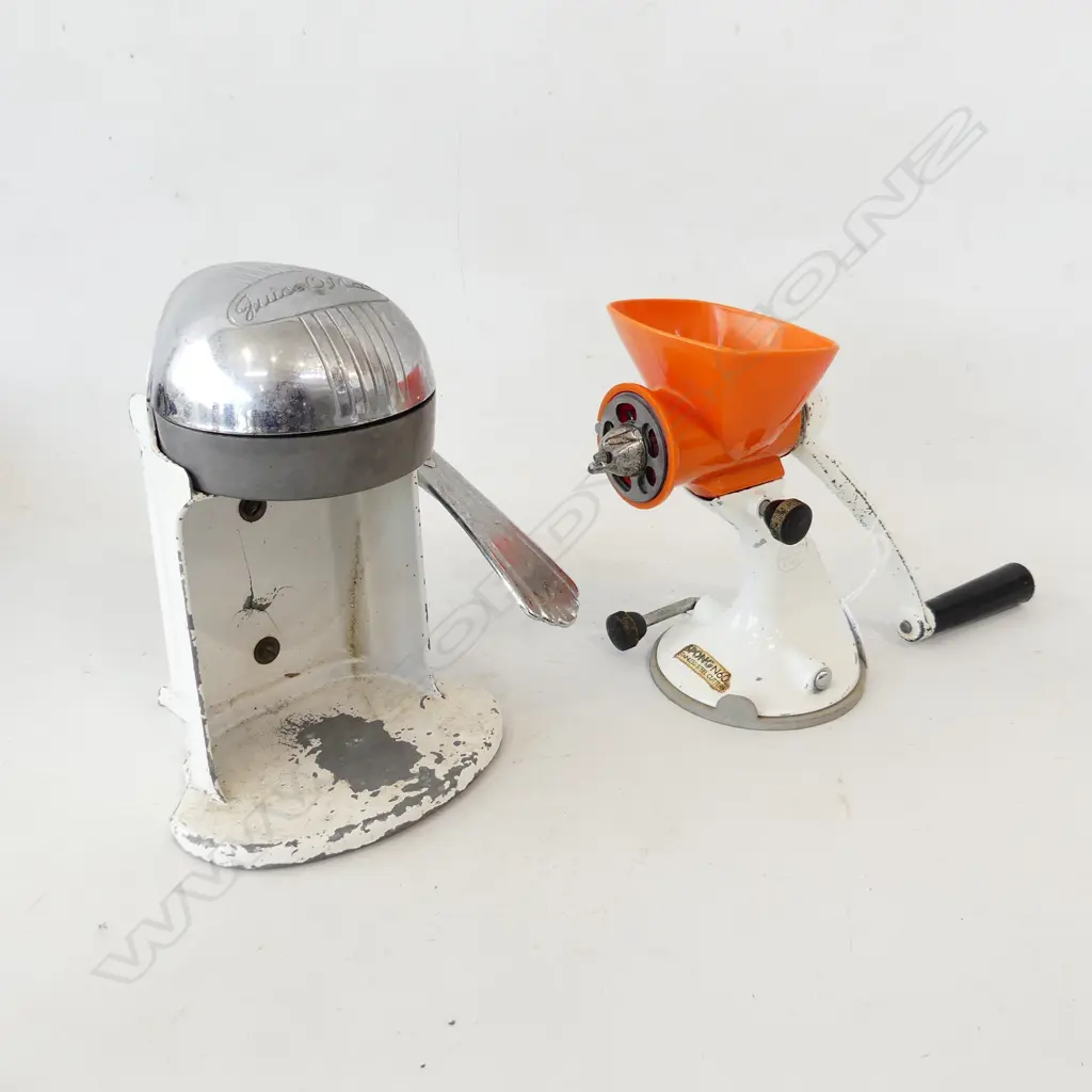 VINTAGE JUICE O-MAT JUICER / PRESSER C. 1950's  & SPONG STAINLESS STEEL MEAT GRINDER Image 1++