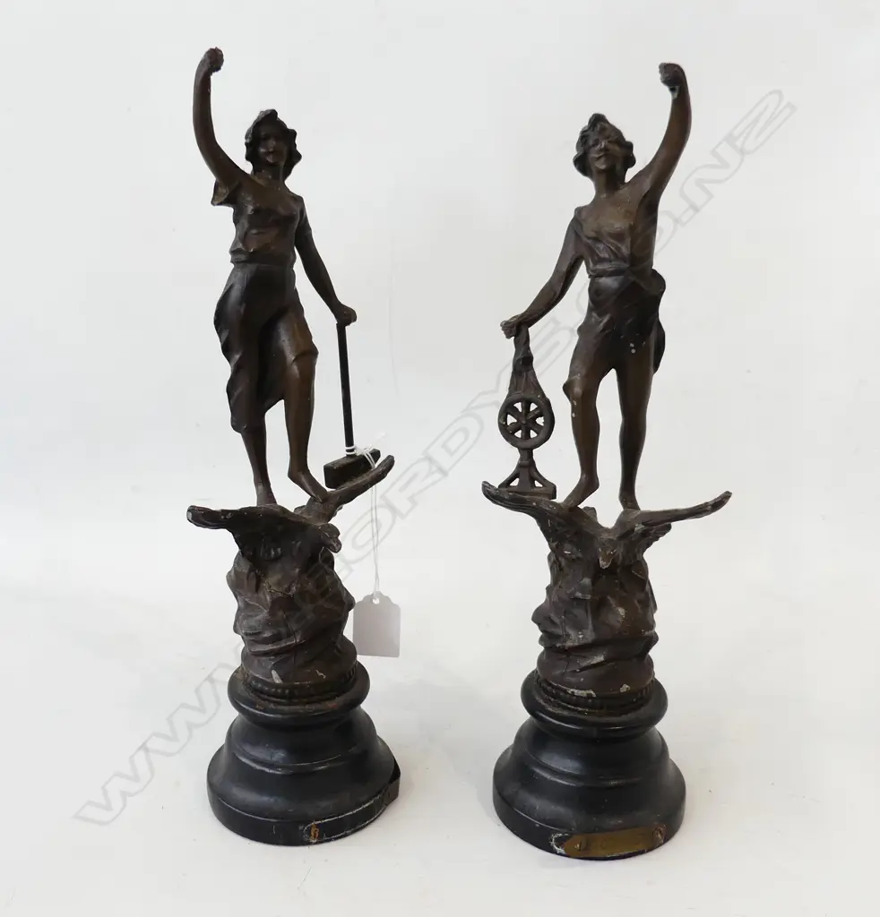 PR EARLY 20thC SPELTER FIGURES; 'LE COMMERCE' & 'L' INDUSTRIE' H.355mm Image 1++