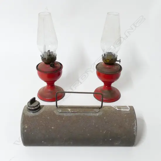 2 SMALL OLD KERO LAMPS & TIN HOT WATER BOTTLE