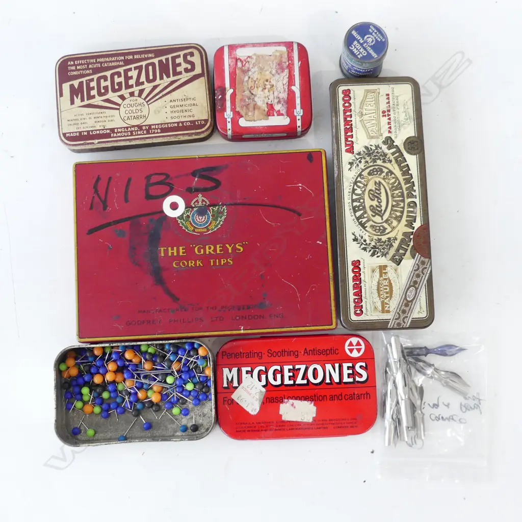 COLLECTION 6 OLD TIN BOXES INCL CIGAR & MEDICAL + 14 PEN NIBS Image 1++