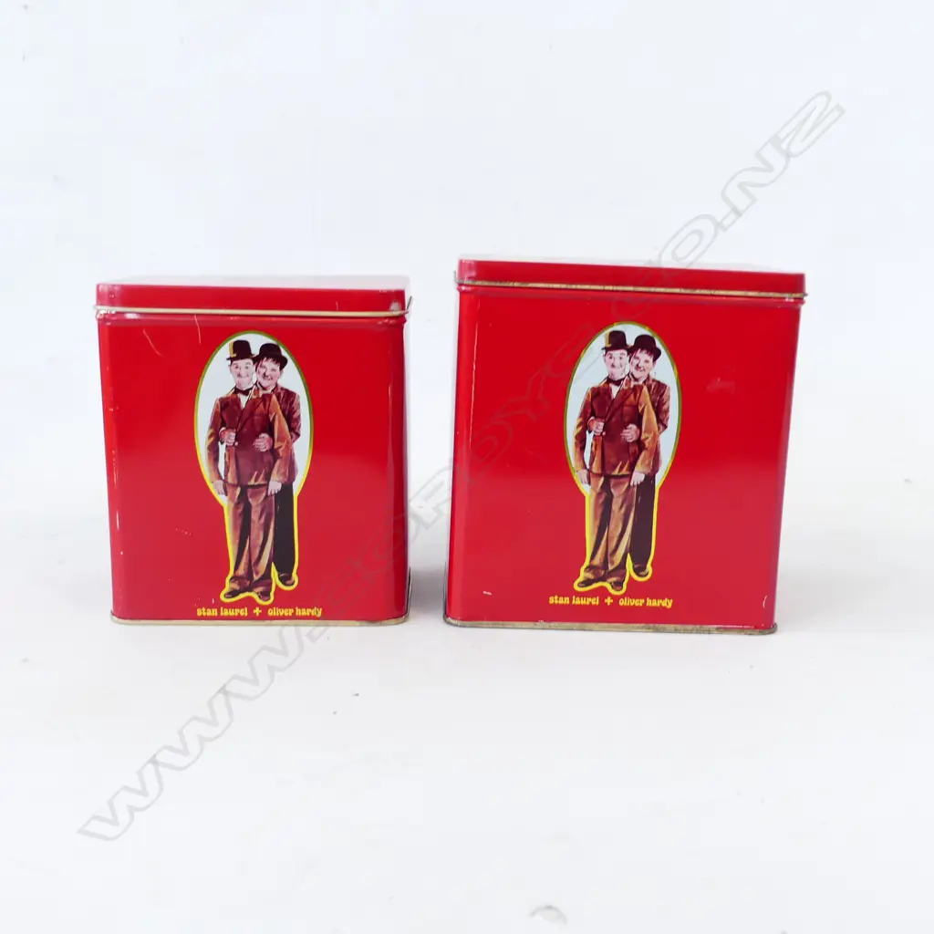 TWO RED VINTAGE LAUREL AND HARDY STORAGE TINS  h. 150, 138mm Image 1++