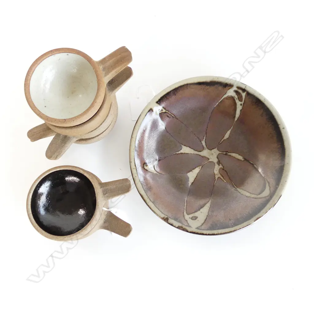 6 LEACH POTTERY STANDARD WARE RAMEKINS 90mm dia + STUDIO POTTERY DISH w. WAX RESIST DECORATION, STAMPED 205mm dia  Image 1++