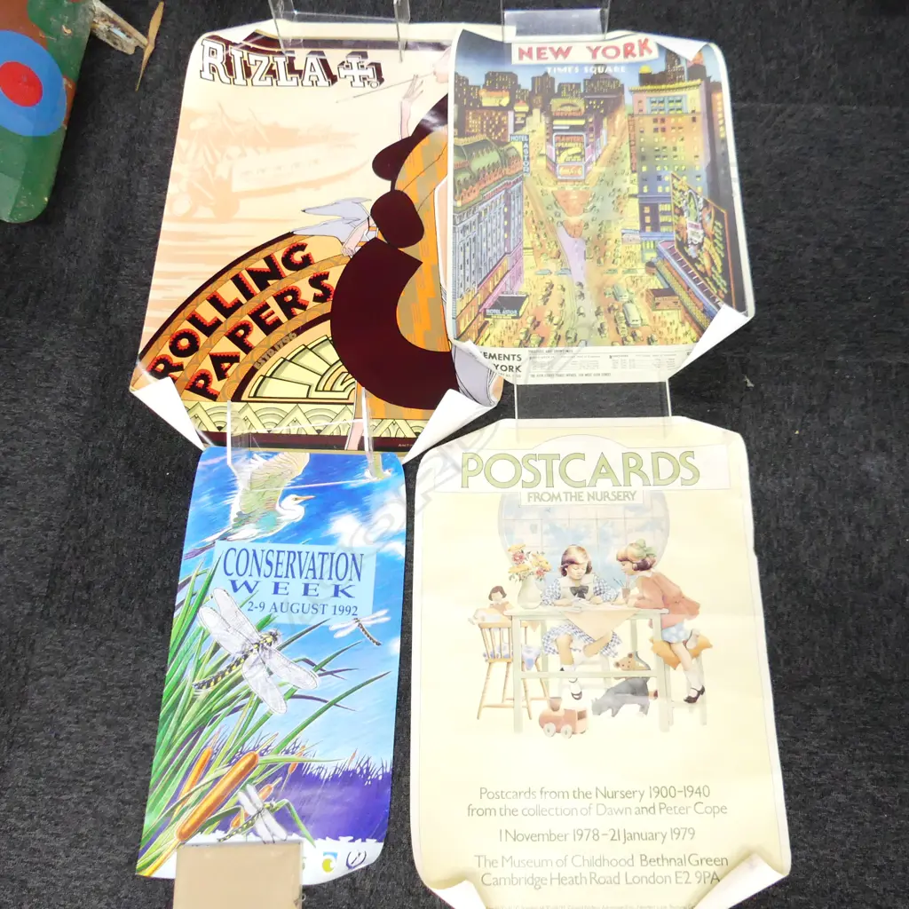 4 OLD ADVERTISING POSTERS; POSTCARD FROM THE NURSERY 78-79 UK MUSEUM, RIZLA, NY TIMES SQ '50 & CONSERVATION WEEK '92 Image 1++