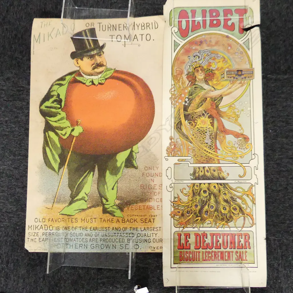 2 OLD ADVERTISING PRINTS; MIKADO FRUITS (US) & ART NOUVEAU OLIBET BISCUITS (US) (FRENCH) COCORICO GRAPHICS LA (TORN) Image 1++