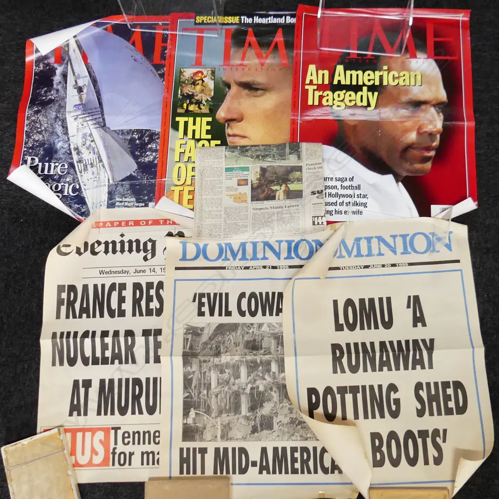 8 VINTAGE BILLBOARD POSTERS; 1995 TIMES, AMERICA'S CUP, OKLAHOMA BOMBING, OJ SIMPSON, LOMU, FRENCH NUCLEAR TESTING Image 1++