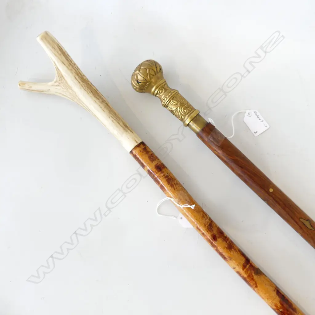 WALKING CANE WITH BRASS HANDLE & INLAY + WOODEN STAFF WITH BONE CROWN L970MM-1152MM Image 1++