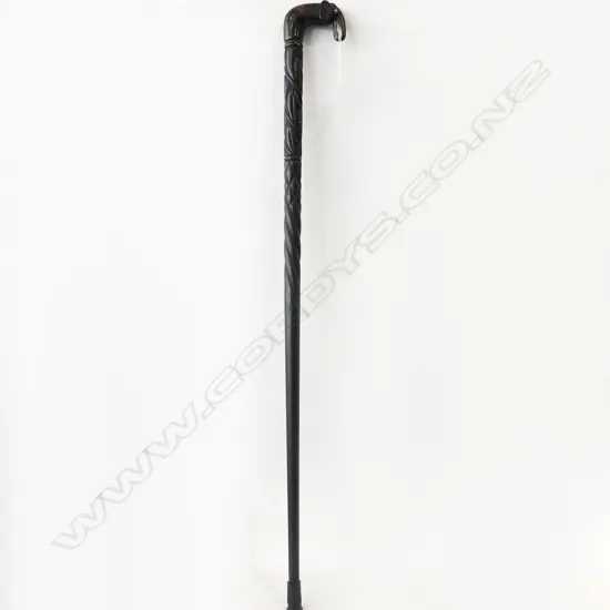 CARVED EBONY WALKING STICK, ELEPHANT HANDLE L.925mm