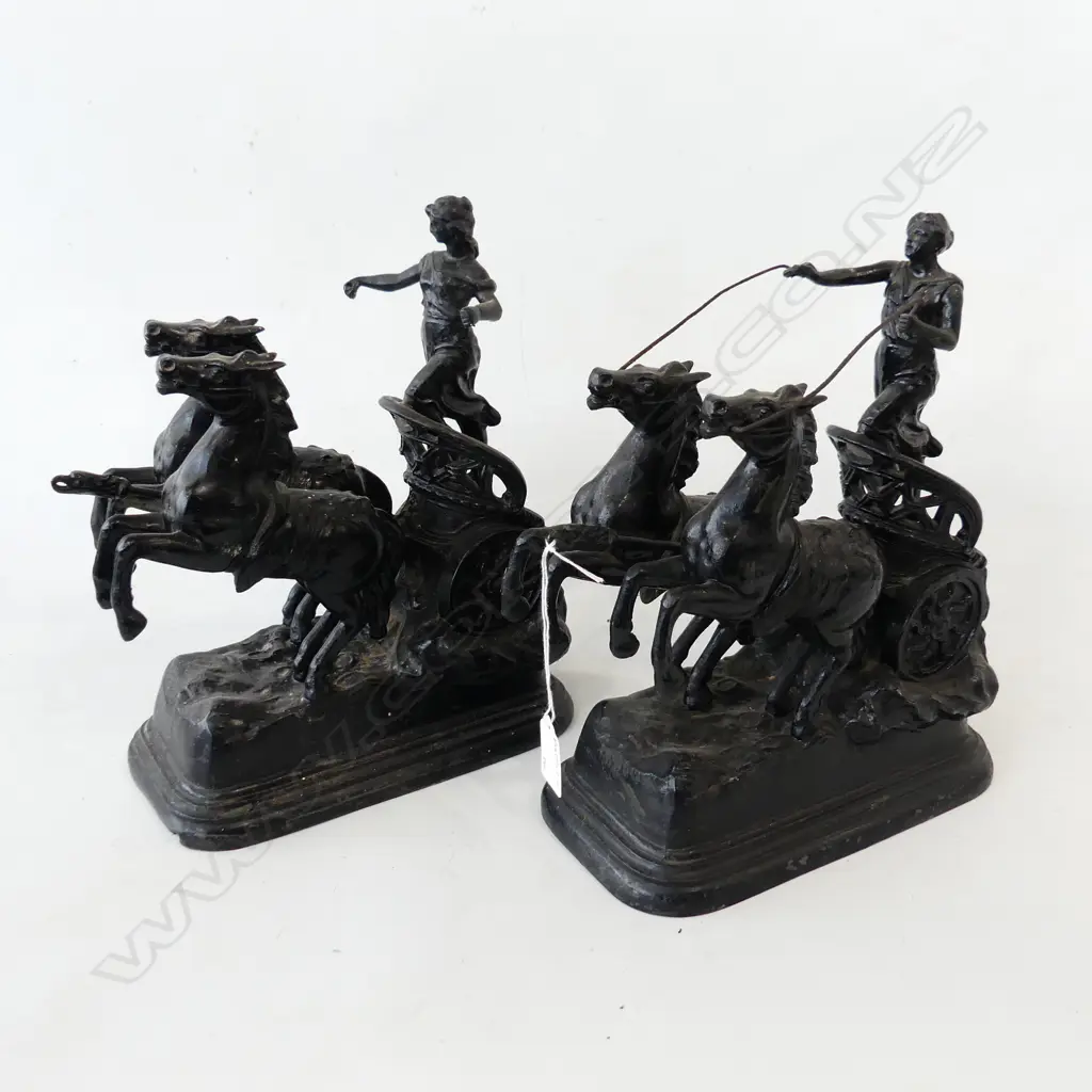 PR VICTORIAN SPELTER FIGURES; EACH 2 HORSES & CARRIOT RIDER H.300mm Image 1++