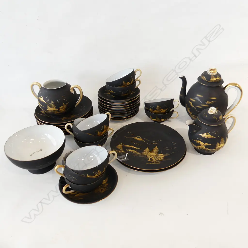 BLACK & GOLD JAPANESE TEA SET; 10 C&S, 6 PLATES, TEAPOT, WATER POT, SUGAR BOWL(NO LID), 2 CAKE PLATES, TEA LEAF CUP Image 1++