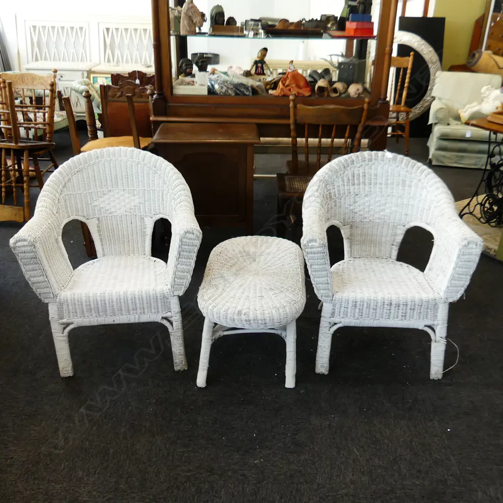 PR WHITE PAINTED CANE CHAIRS & TABLE (white tape repairs) Image 1++