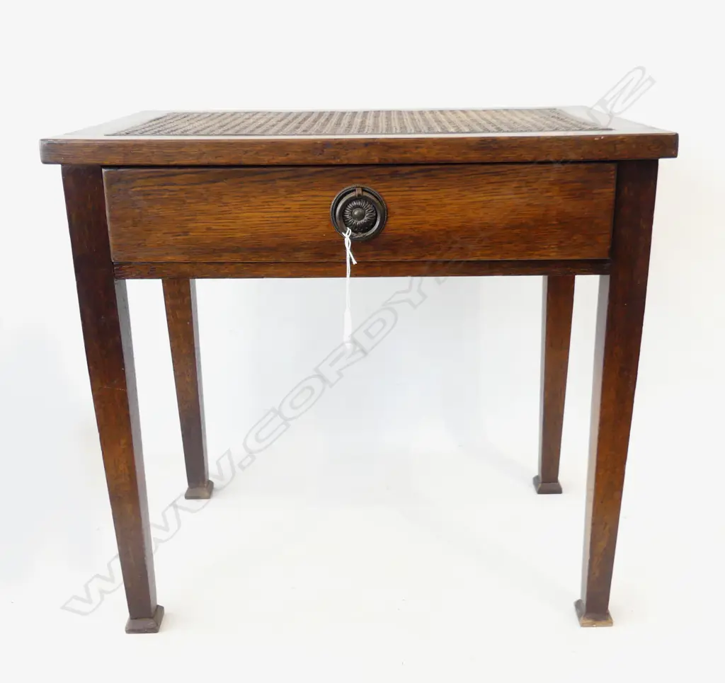 DARK STAINED WOODEN BED SIDE TABLE  WITH RATTAN TOP  Image 1++