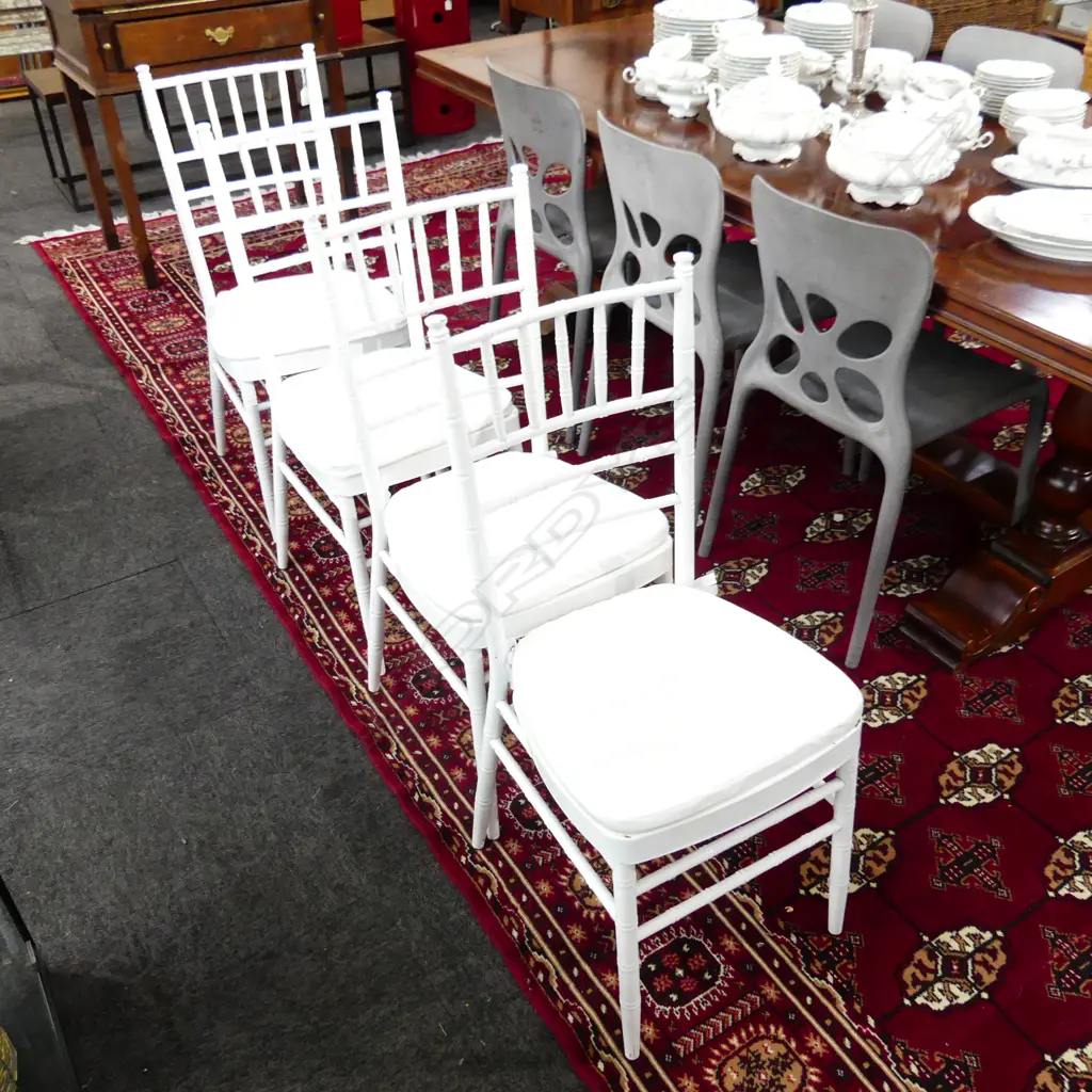 4 WHITE METAL FAUX BAMBOO CHIAVARI CHAIRS w. 4 CUSHIONS Image 1++