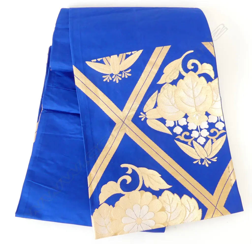 VINTAGE JAPANESE SILK OBI DEEP COBALT AND GOLD WITH FLORAL PATTERN L.4060mm Image 1++