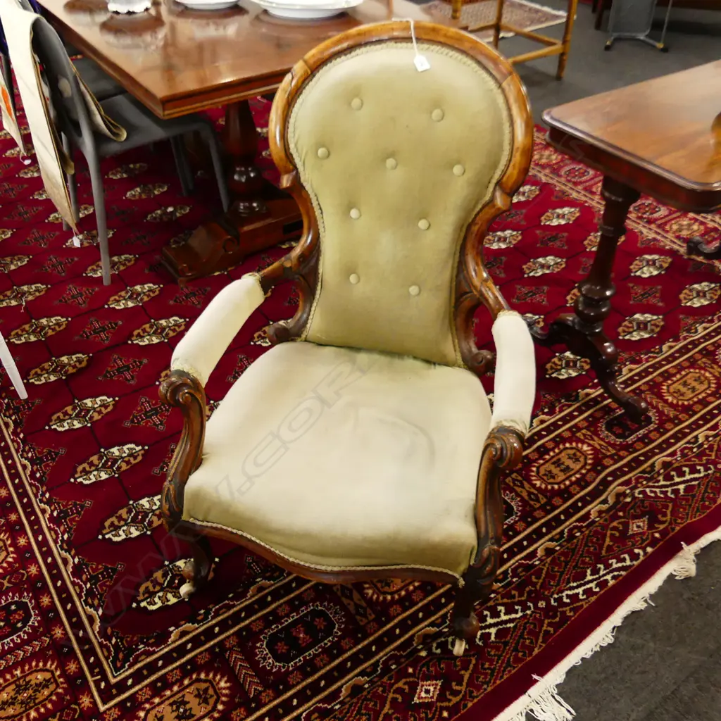 VICTORIAN GRANDFATHER CHAIR - PALE GREEN VELVET UPHOLSTERY - FRAME w FAULTS  Image 1++