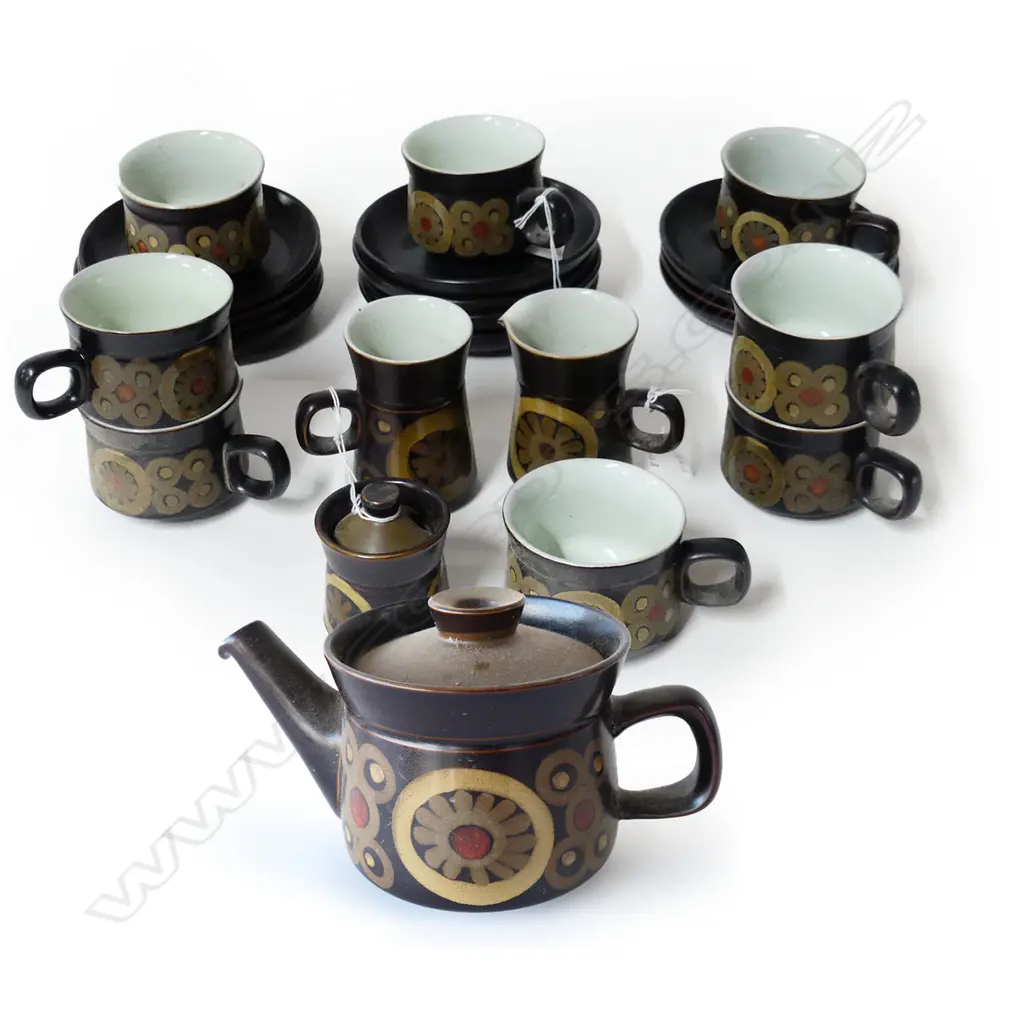 DENBY 'ARABESQUE' TEA SET, POT (H.135mm)7CUPS & SAUCERS, MILK & SUGAR, ADDIT. SM CUP & SAUCERS, FAULTS (15) Image 1++