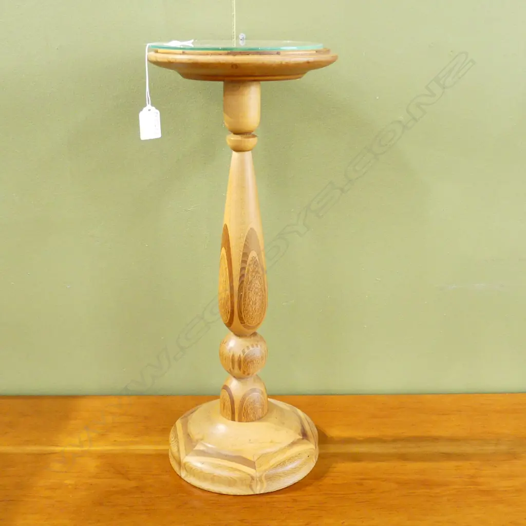 SM WOODEN PLANT STAND, CARVED PEDESTAL, INLAID BASE & TOP WITH GLASS , H. 500 DIA 210mm Image 1++