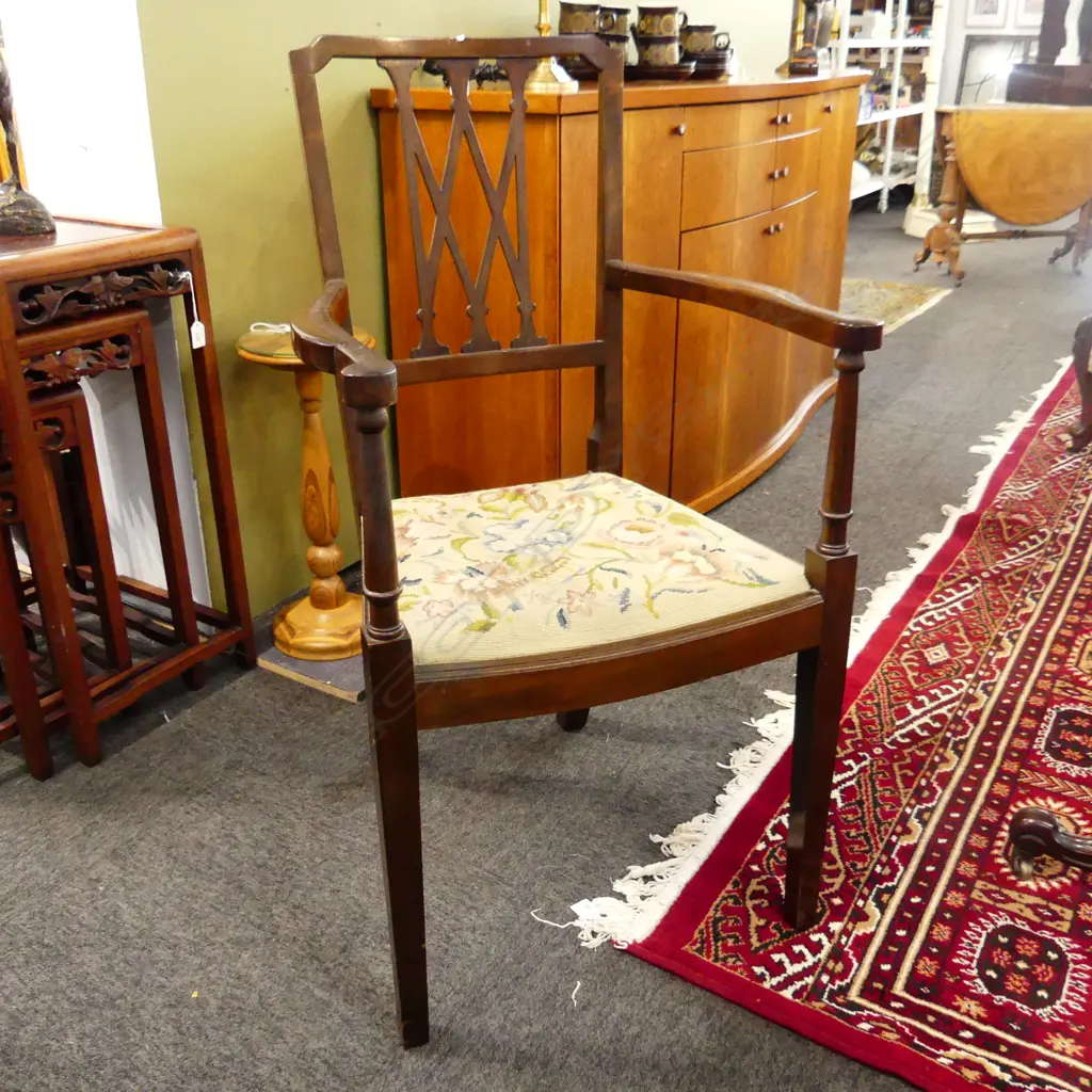 EDWARDIAN MAHOGANY ARM CHAIR w. NEEDLEWORK SEAT Image 1++
