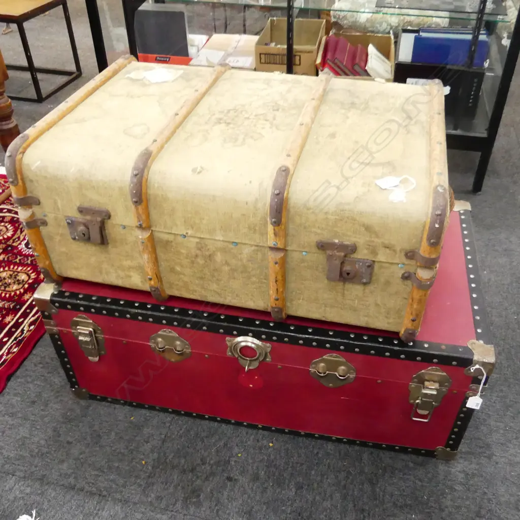 2 VINTAGE CANVAS TRUNK  640 X 500mm & RED TRUNK 910 X 510mm Image 1++