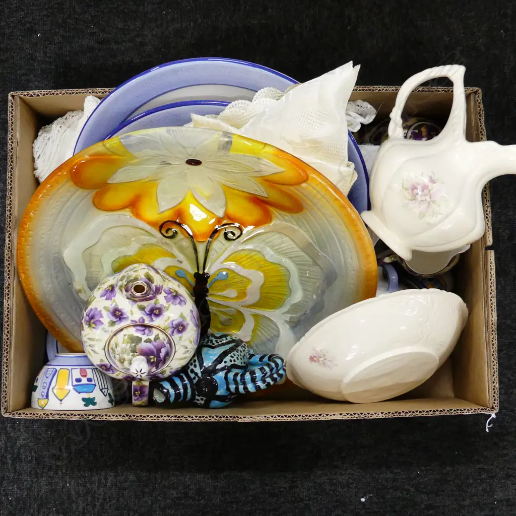 BOX LOT ASST. CHINA, LINENS, GLASS BUTTERFLY BOWL 400mm Image 1++