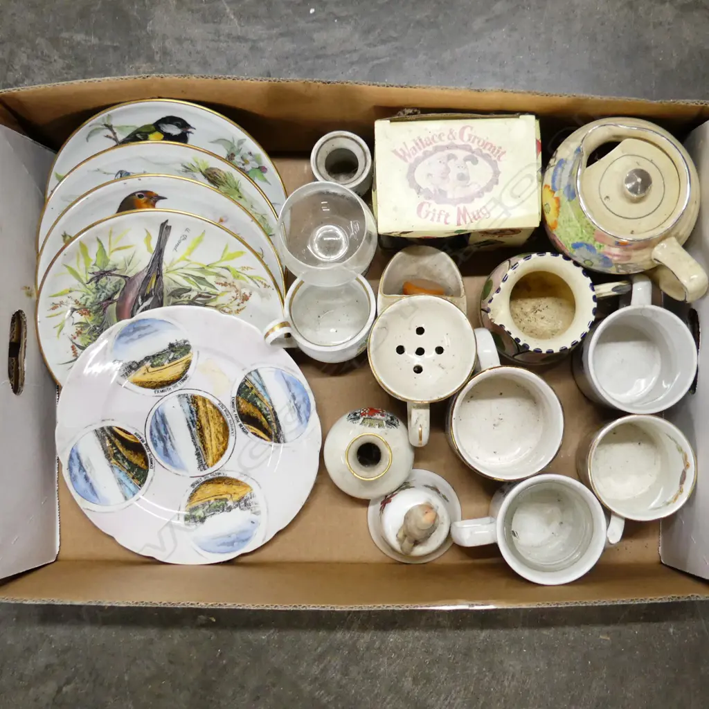 BOX LOT CHINA MUGS PLATES BELLS ETC Image 1++