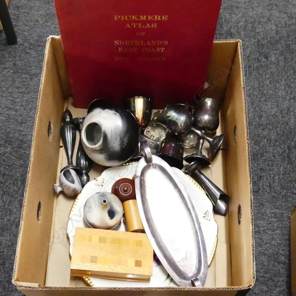 BOX MISC INCL. OLD ATLAS,  ART GLASS, TREEN, POTTERY, SILVER PLATE ETC.. Image 1++