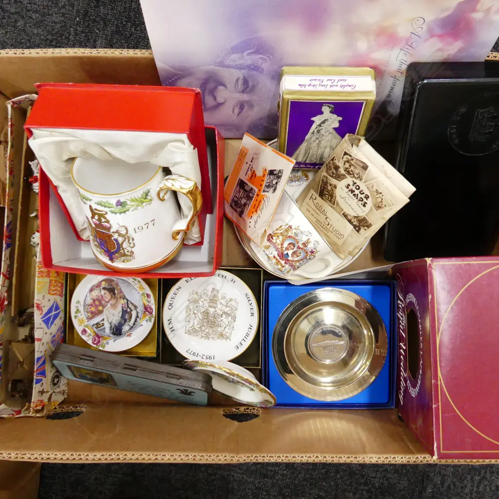 BOX – ASSORTED ROYALTY ITEMS SPODE CHINA, TIN, DISHES, NEGATIVES, BOOK ETC Image 1++