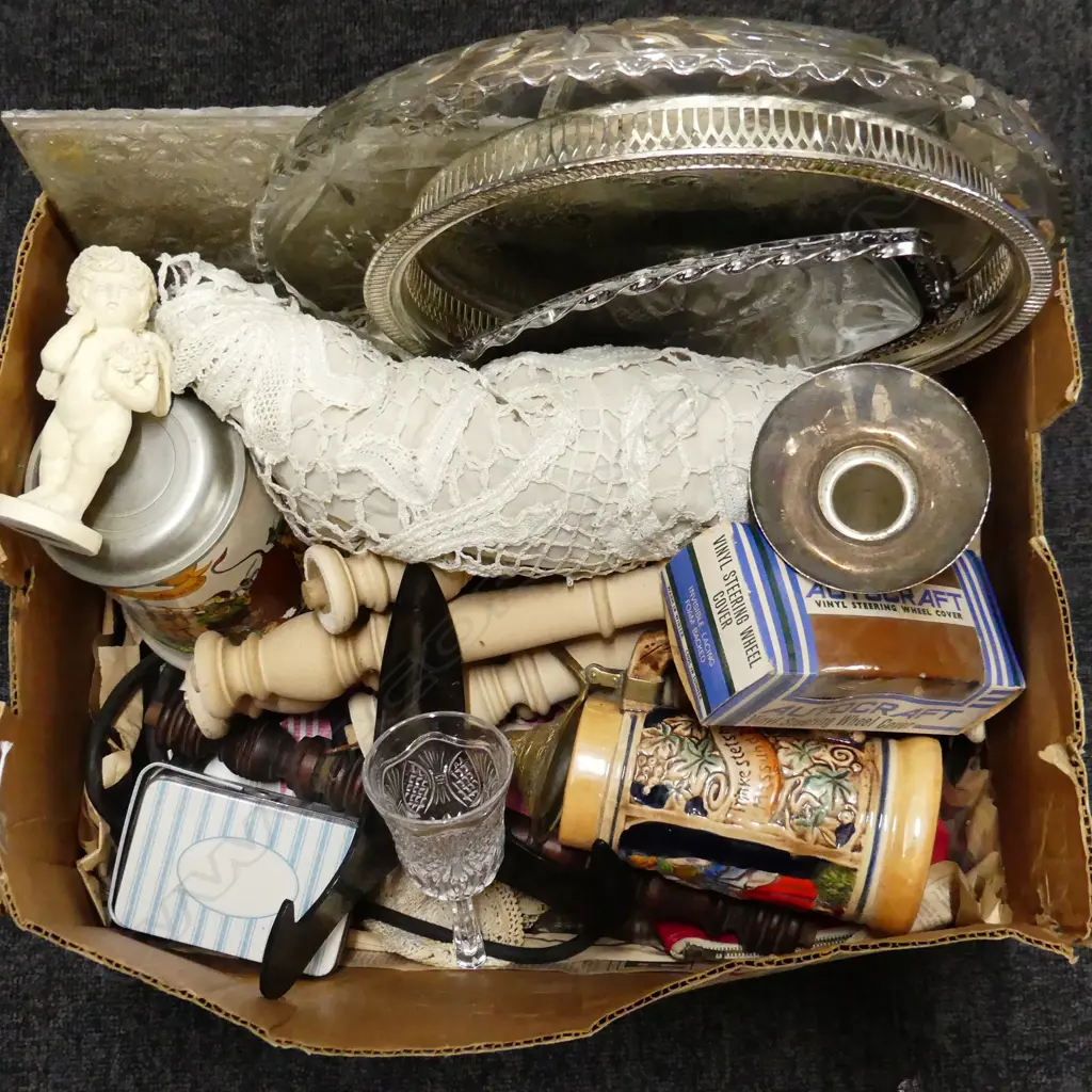 BOX LOT MISC INCL GLASS, CHINA, SILVER PLATE ETC.. Image 1++
