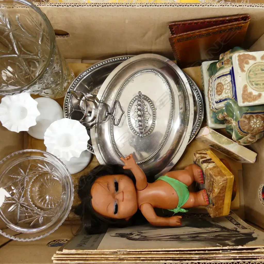 ASST INCL ELEPHANT PLANT STAND, CRYSTAL VASES, SILVER PLATE, OLD 'MAKING NZ' PICTORIALS ETC.. Image 1++