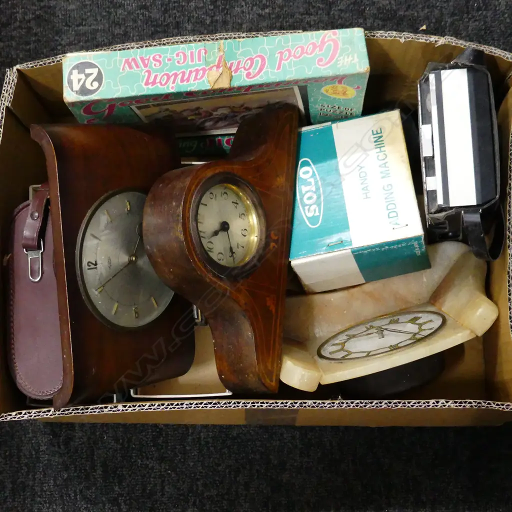 BOX LOT 3 DECO CLOCKS, ZEISS FIELD GLASSES ETC Image 1++