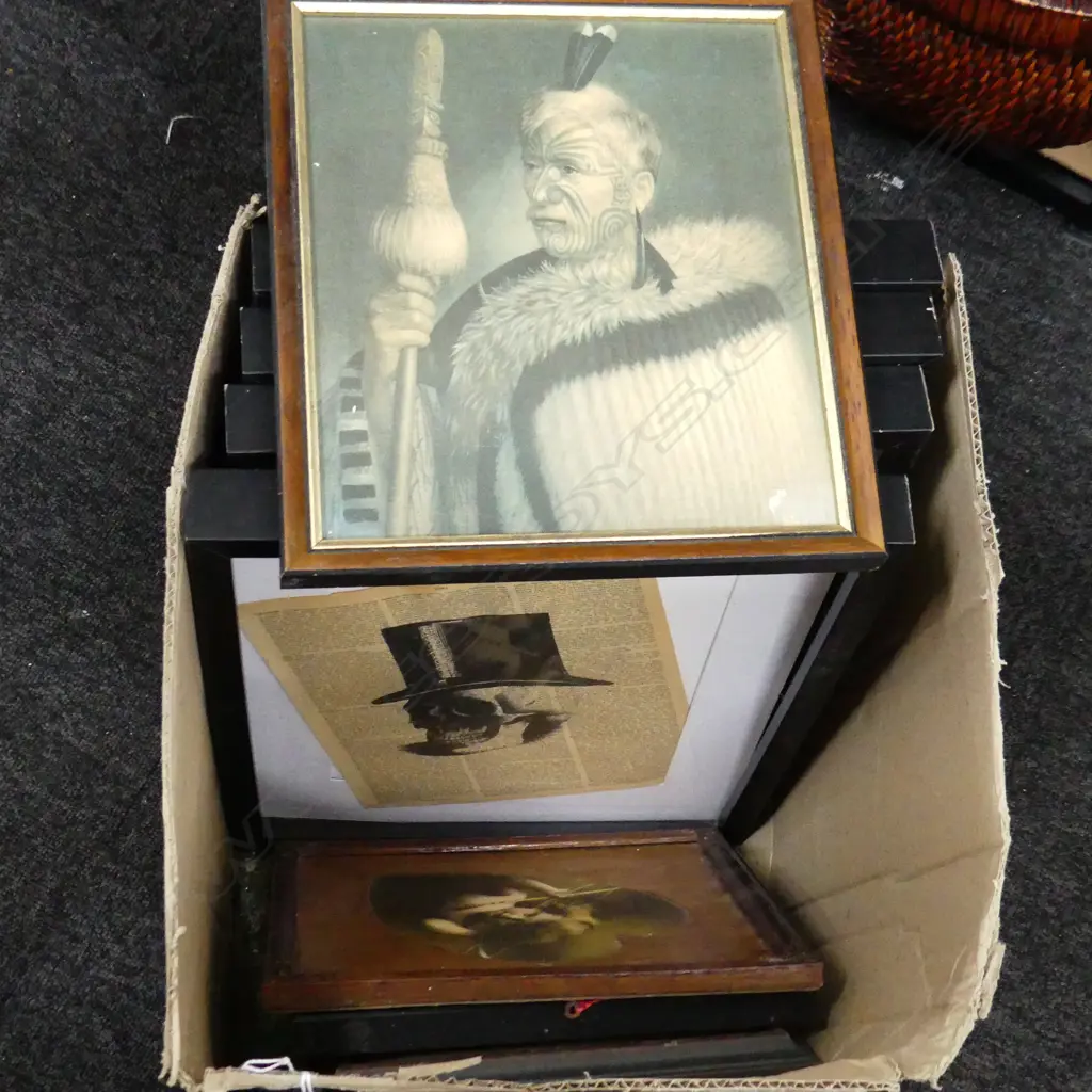 BOX LOT EIGHT FRAMED WORKS. FOUR PRINTED IMAGES OVER BOOK PAGES. THREE GOLDIE PRINTS AND  ' CUPID AWAKE ' Image 1++