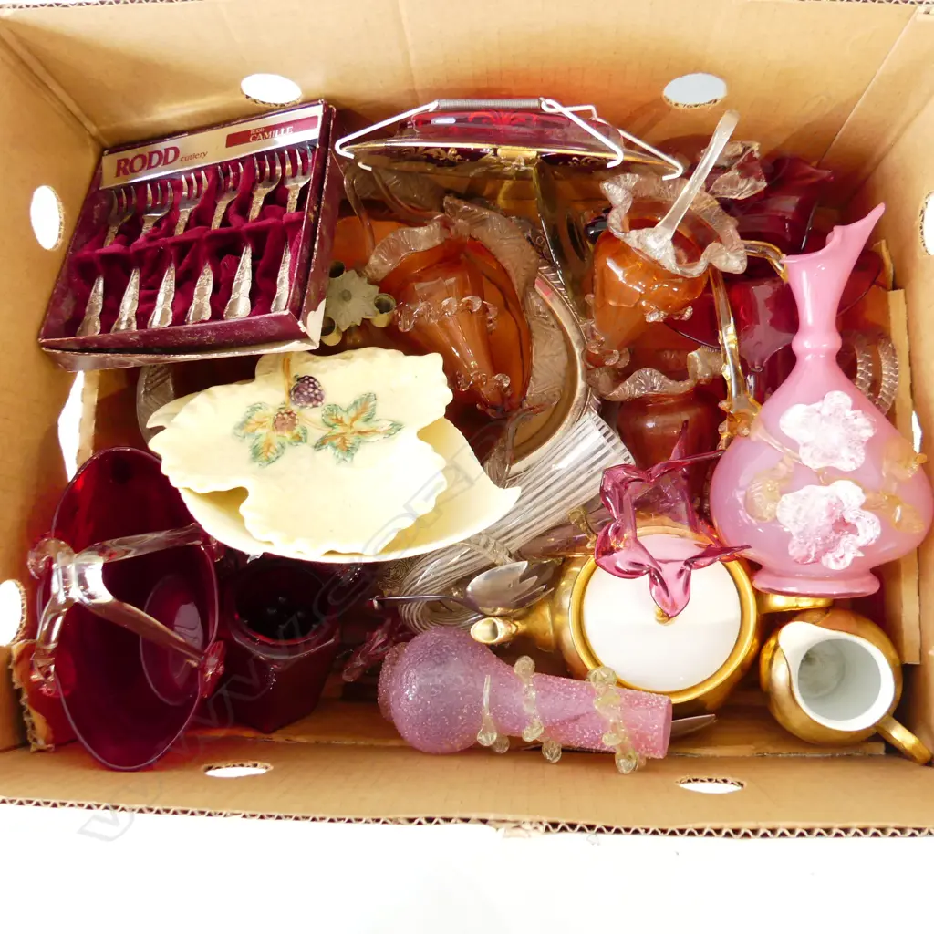 BOX LOT . EPERNE AND FAVRILE GLASS PARTS SOME DAMAGED. CHINA  AND SILVER PLATE.  Image 1++