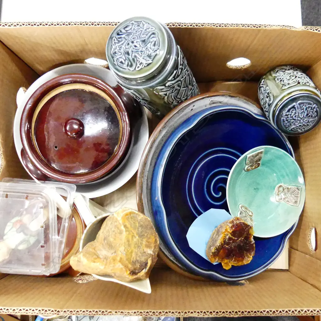 BOX LOT ASST. CERAMICS; 2 IRISH PORCELAIN LIDDED CONTAINERS, 2 PCES KAURI GUM ETC Image 1++