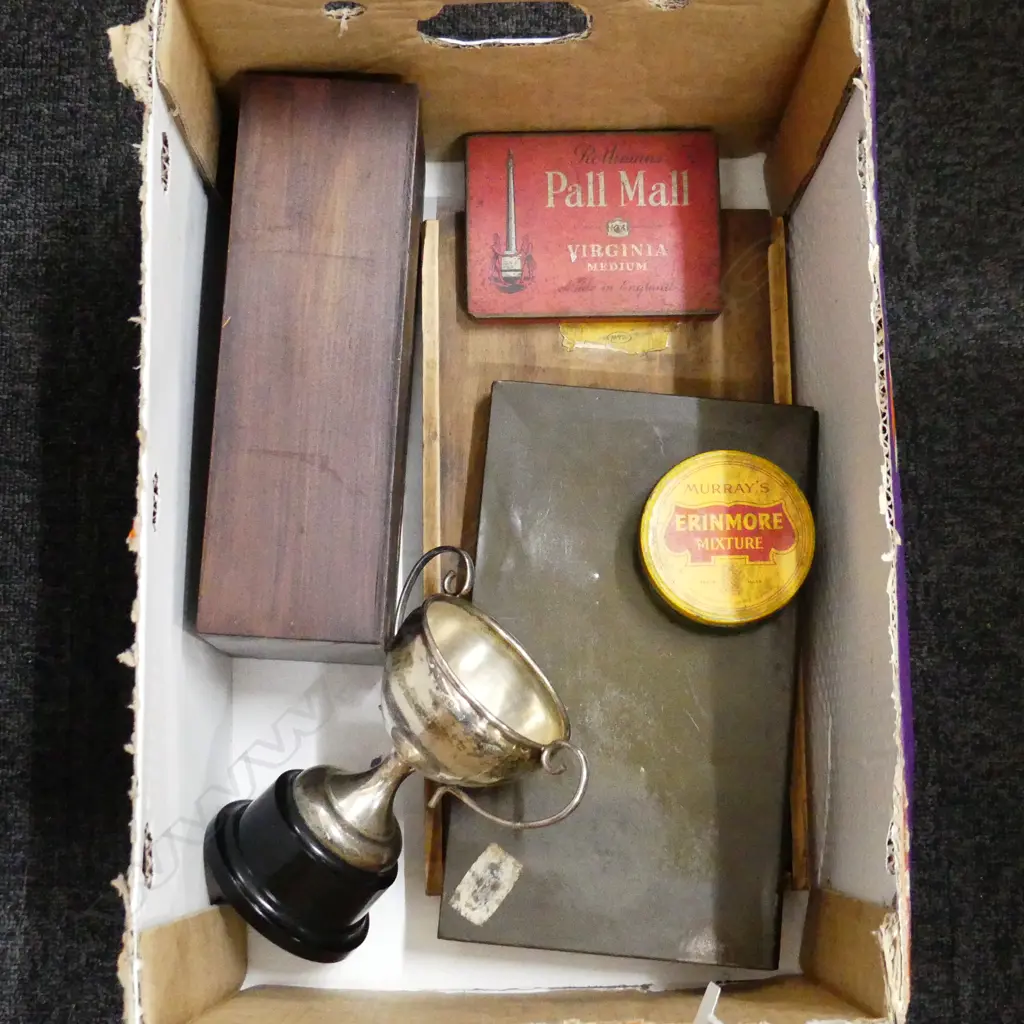 OLD BOXES, TINS & AN OLD SILVER PLATE TROPHY Image 1++